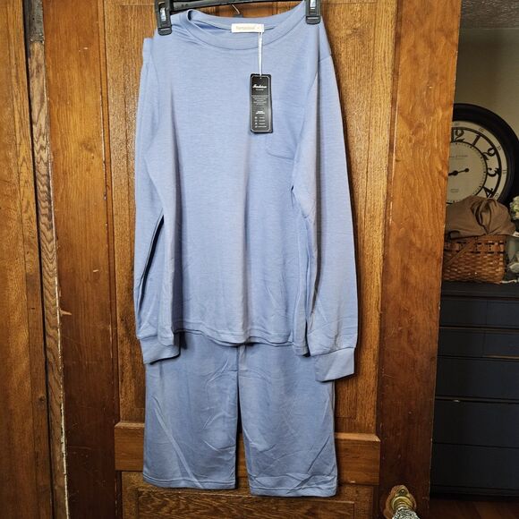 Fantaslook Blue Small Two Piece Lounge Set Outfit LS Top Wide Leg Pants - Picture 3 of 7